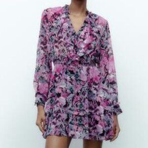NWOT ZARA Pink Ruffle Long Sleeve Mini Dress Size Large